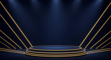 Abstract round podium illuminated with neon lights. Award ceremony concept. 3D Renderingの素材