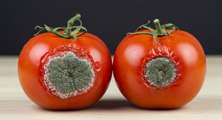 Moldy tomatoes on a wooden table in front of a black backgroundの素材