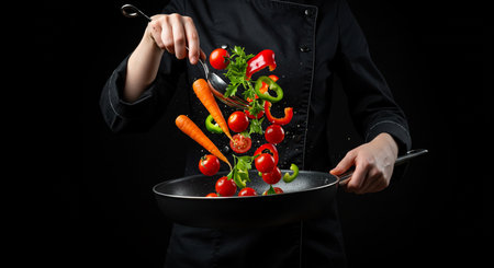 Close up of female hands holding pan with flying vegetables on black backgroundの素材