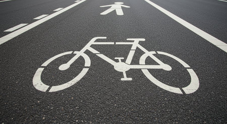 Bicycle sign on the asphalt road in the city, closeup of photoの素材