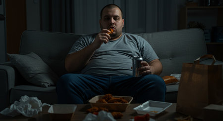 Man eating junk food and drinking beer at night in the living roomの素材