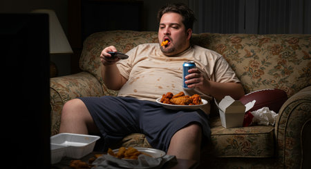 Overweight man watching TV and eating junk food on the sofa at nightの素材