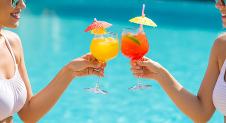 Cropped image of female friends clinking glasses with cocktails near swimming poolの素材