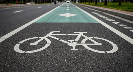 Bicycle lane sign on asphalt road in city park. Bicycle lane symbol.の素材