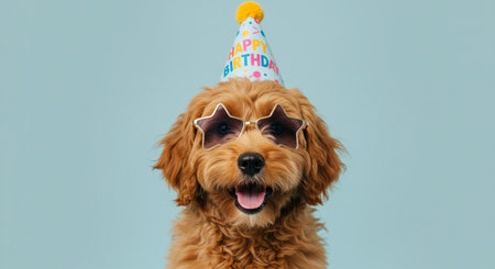 Cute dog with birthday hat and sunglasses on a blue background.の素材