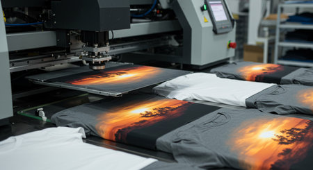 Printing machine with printed sheets of t-shirt in factory.の素材