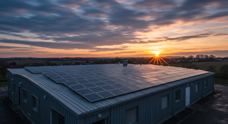 Solar panels on the roof of a house in the Netherlands at sunsetの素材