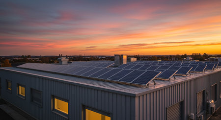Solar panels on the roof of a house in the city at sunsetの素材