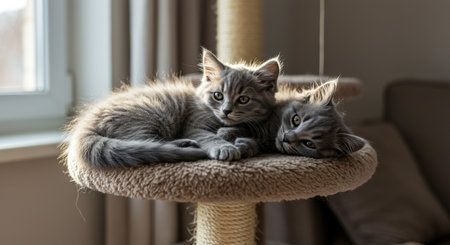 Cute fluffy siberian kittens lying on cat scratching post at homeの素材