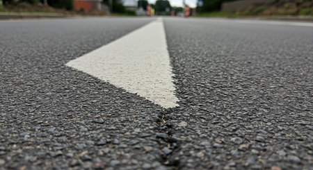 Asphalt road with white line on the side, shallow depth of fieldの素材