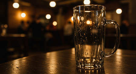 Empty beer glass on a table in a pub with bokeh backgroundの素材