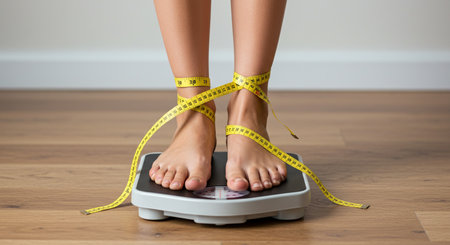 Close up of a woman standing on a weight scale with measuring tapeの素材