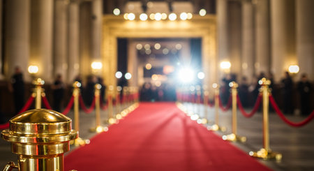 Blurred background of red carpet on the red carpet in the hallの素材