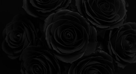 Black roses on black background. Flat lay, top view, copy space.の素材