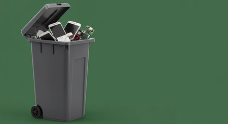 3d rendering of a black trash bin full of mobile phones on green backgroundの素材