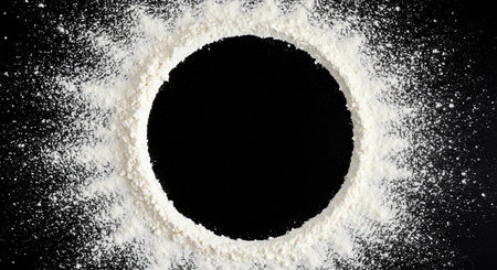 White flour on a black background. Top view. Copy space.の素材