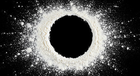White flour on a black background with space for text. Top view.の素材