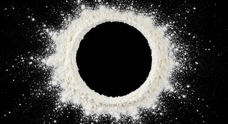White flour on a black background with space for text. Top view.の素材