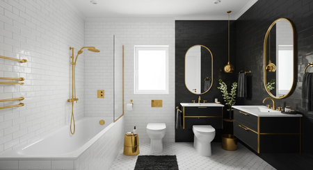 3d render of modern bathroom with black tile wall and white bathtubの素材