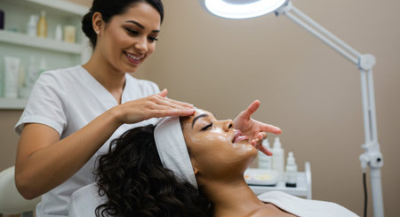 Cosmetologist applying cream on face of young woman in spa salonの素材