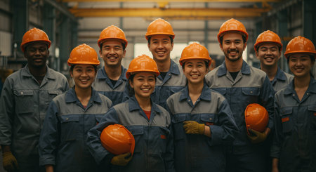 group of factory workers in safety helmet and safety goggles smiling in factoryの素材
