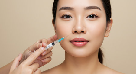 Beautiful young asian woman with perfect skin holding a syringe for injectionの素材