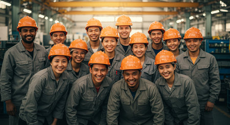 Group of happy factory workers in hard hats smiling and looking at cameraの素材