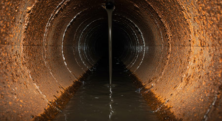 3d illustration of a dark tunnel with water flowing through it.の素材