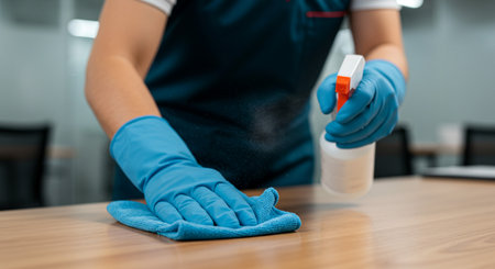 Cleaning service. Close-up of a cleaning lady in blue gloves cleaning the tableの素材