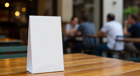 Blank white paper box on wooden table with blurred people in backgroundの素材