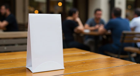 Blank white paper box on wooden table in cafe or restaurant.の素材