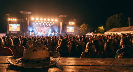 Crowd of people at a concert in front of the stage with a hatの素材