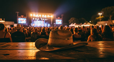 A cowboy hat on a wooden table in front of a concert stage.の素材