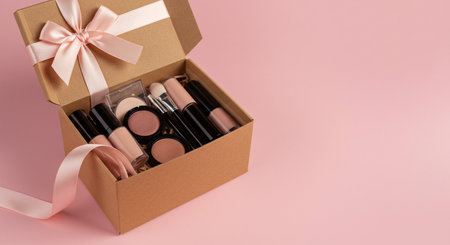 Box with cosmetics on a pink background. Flat lay, top view.の素材