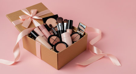 Gift box with cosmetics on a pink background, top view.の素材