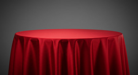 Red silk tablecloth on gray background. 3d render illustration.の素材