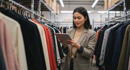 Young asian businesswoman using digital tablet while shopping in clothing storeの素材