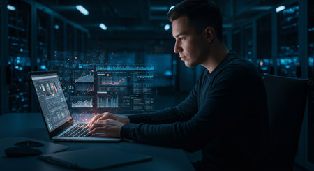 Programmer working on laptop at night in server room. Mixed mediaの素材