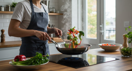 Closeup of Asian woman in apron cooking vegetable salad in the kitchen at homeの素材