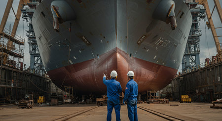 Industrial workers are working in a shipyard. Industry and engineering concept.の素材