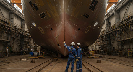 Workers in the shipyard. Shipbuilding industryの素材