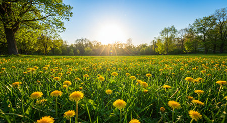 Dandelions on a green meadow at sunset. Spring landscape.の素材