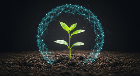 Green sprout growing from soil with glowing connection lines. 3D renderingの素材