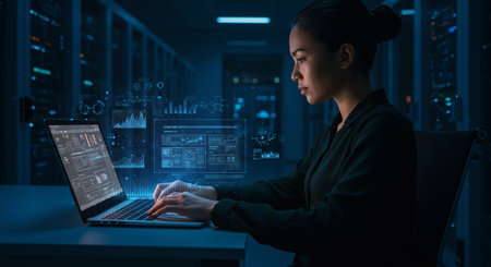 Side view of female programmer working on laptop in server room at nightの素材