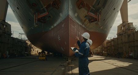 Engineer working in shipyard, loading and unloading of cargo shipの素材
