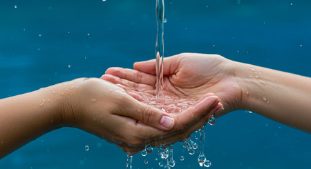 Hands of a child and a woman holding water drops in their handsの素材