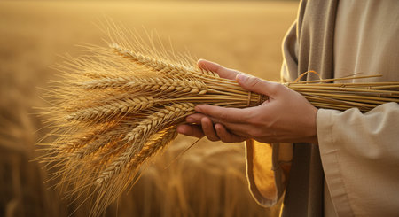 Farmer with wheat ears on wheat field, closeup of handsの素材