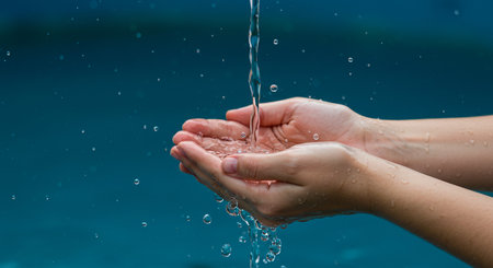 Closeup of human hands and water drops on the background of waterの素材