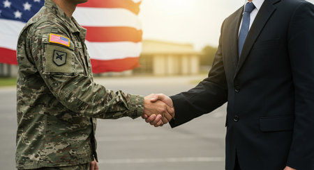 American soldier and civil officer shaking hands with each other in front of American flagの素材