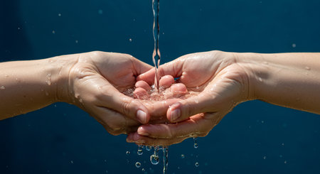 Hands washing with water on a dark blue background, close-upの素材
